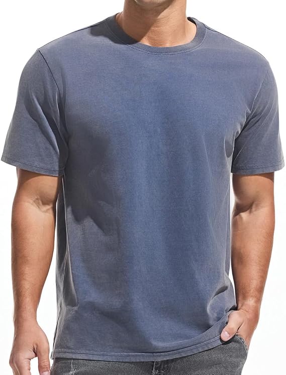 VEIISAR Men's Heavy Weight Crew Neck 100% Cotton T-Shirt - 250g/m² Thick Distressed Washed T-Shirts for Men