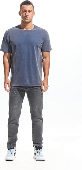 VEIISAR Men's Heavy Weight Crew Neck 100% Cotton T-Shirt - 250g/m² Thick Distressed Washed T-Shirts for Men
